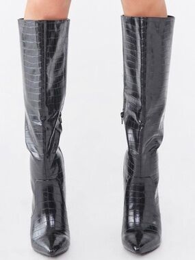 Women's Black Croc-Embossed over the knee Boots